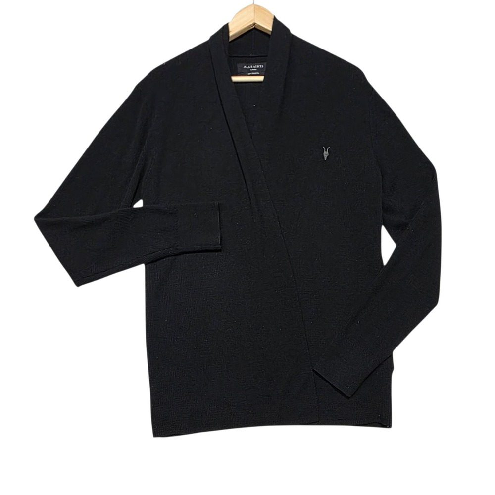 AllSaints Mode Merino Open Cardigan Mens Large Black Wool Ramskull Logo